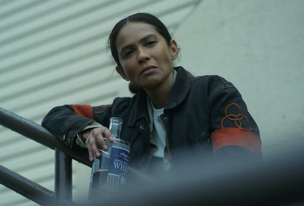 The insignia on Brandt’s jacket reveals that Pearl is a member of the CRM. <cite>Courtesy of AMC</cite>