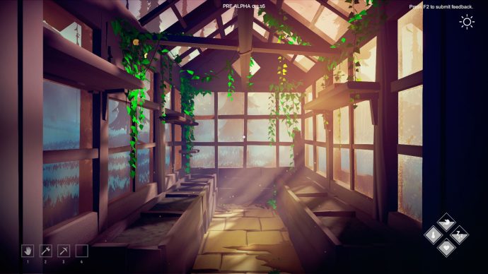 An image of the inside of a player-built greenhouse in Among Trees.