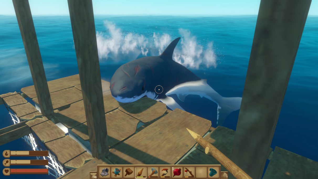 A screenshot from Raft showing a shark climbing aboard a wooden platform.