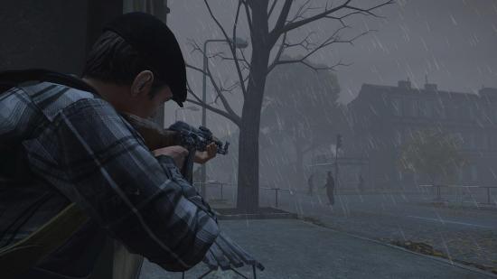 Best zombie games: a man is about to shoot a zombie in a rainy street in DayZ.