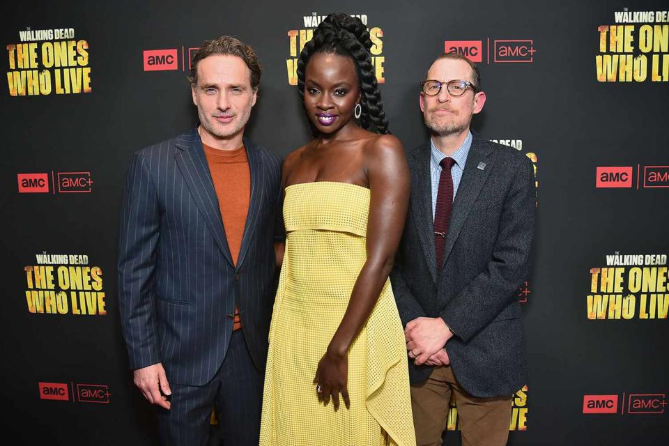 <p>Alberto Rodriguez/GA/The Hollywood Reporter via Getty</p> Andrew Lincoln, Danai Gurira and Scott M. Gimple