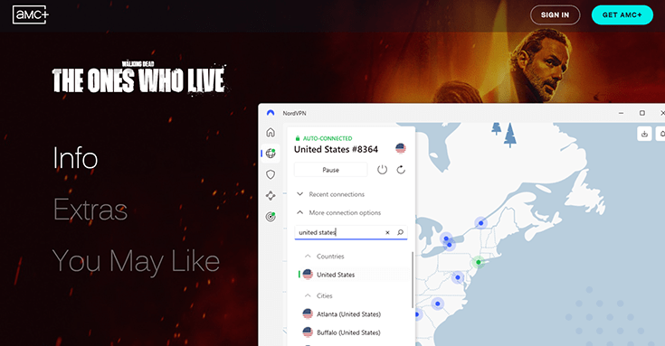 A screenshot of The Ones Who Live on AMC+, unblocked by NordVPN.