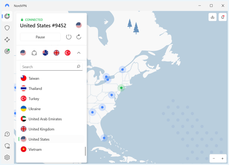 Image of NordVPN app connected to a US VPN server