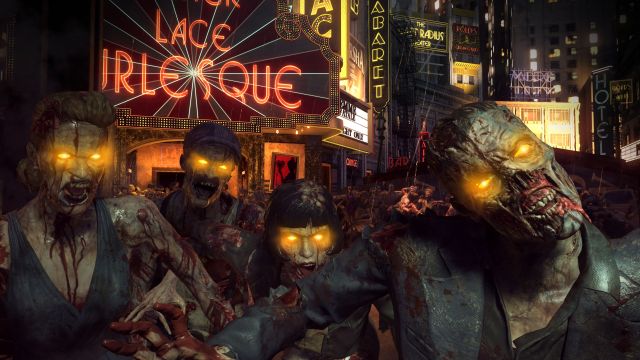 A group of undead enemies in Black Ops 3 standing outside of a night club