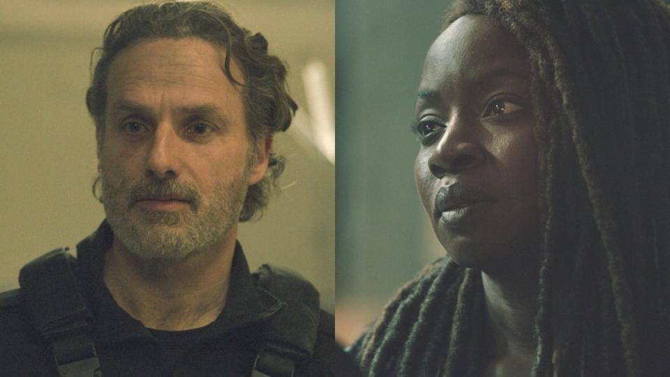 split image of rick and michonne in twd the ones who live she tells him about his son RJ