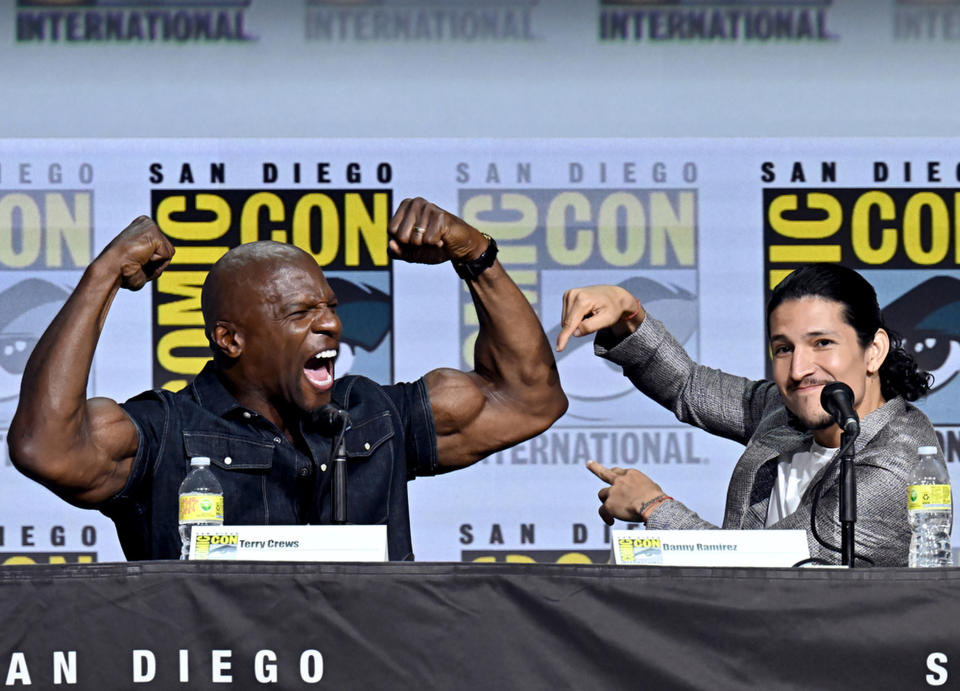 Terry Crews and Danny Ramirez speak onstage at the Tales of the Walking Dead panel in Hall H at the 2022 Comic-Con International held at the San Diego Convention Center on July 22, 2022 in San Diego, California. (Photo by Michael Buckner/Variety via Getty Images)