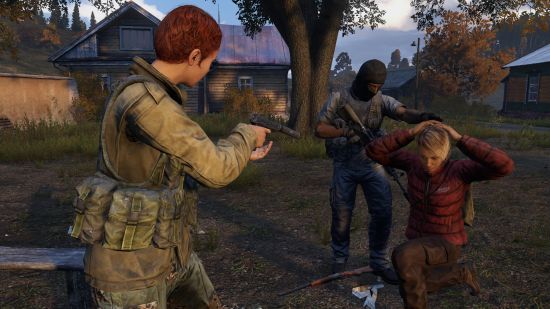 Best zombie games: a woman aims her gun at a kneeling person in Dayz