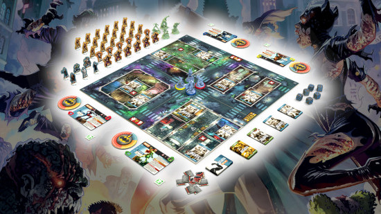 Contents of the Zombicide board game Gotham City Outbreak, showing a board, miniatures, cards, and many standees