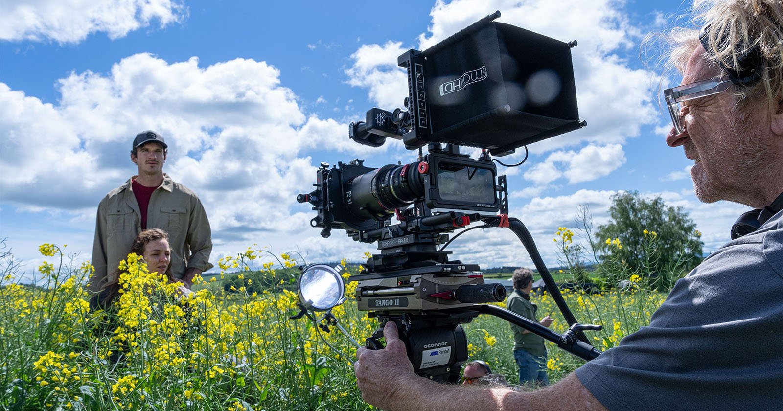 - Zombie Gaming A film crew shoots a scene in a field of yellow flowers under a partly cloudy sky; one person operates a camera while two actors stand among the flowers.