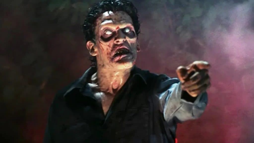 Bruce Campbell in demon form in Evil Dead.