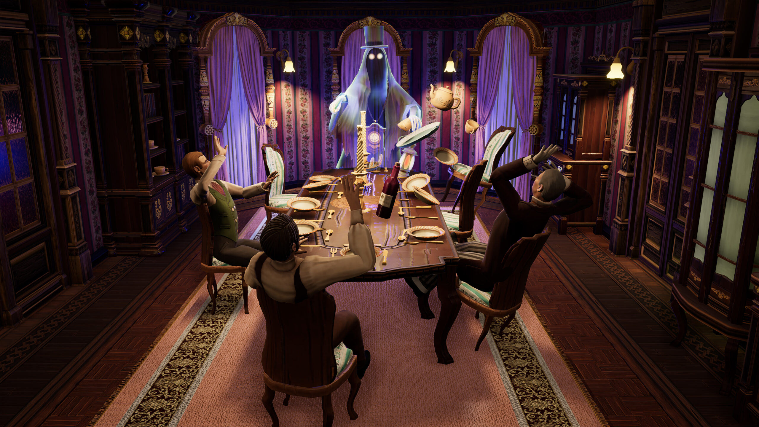 Ghost Keeper demo screenshot of ghosts scaring mortals in Phineas' Mansion