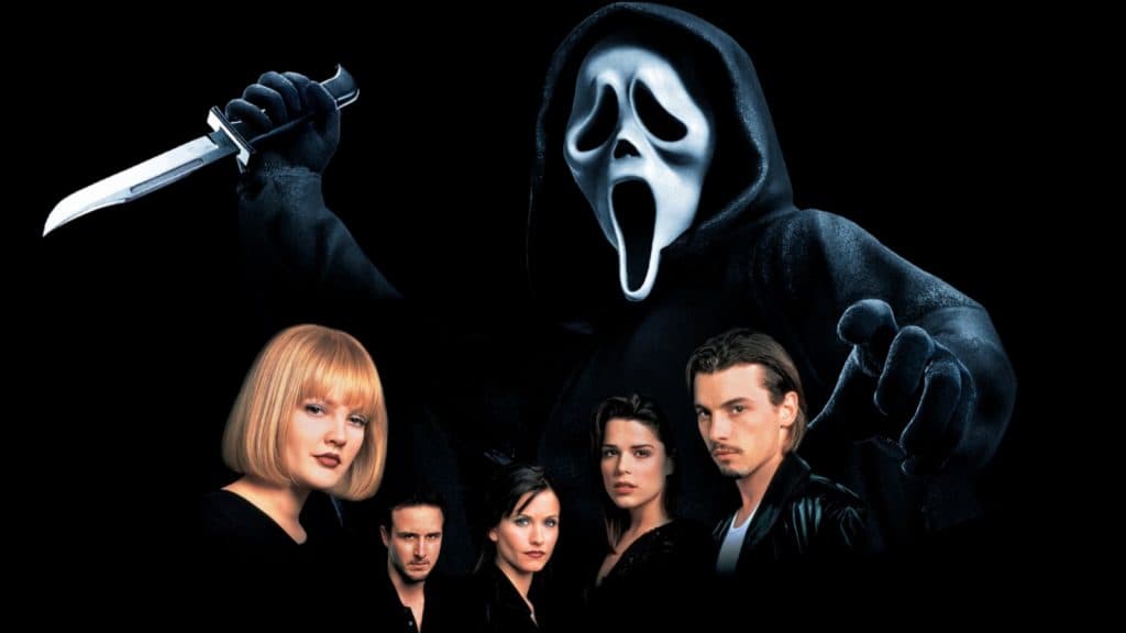 Ghostface towering over the Scream characters.