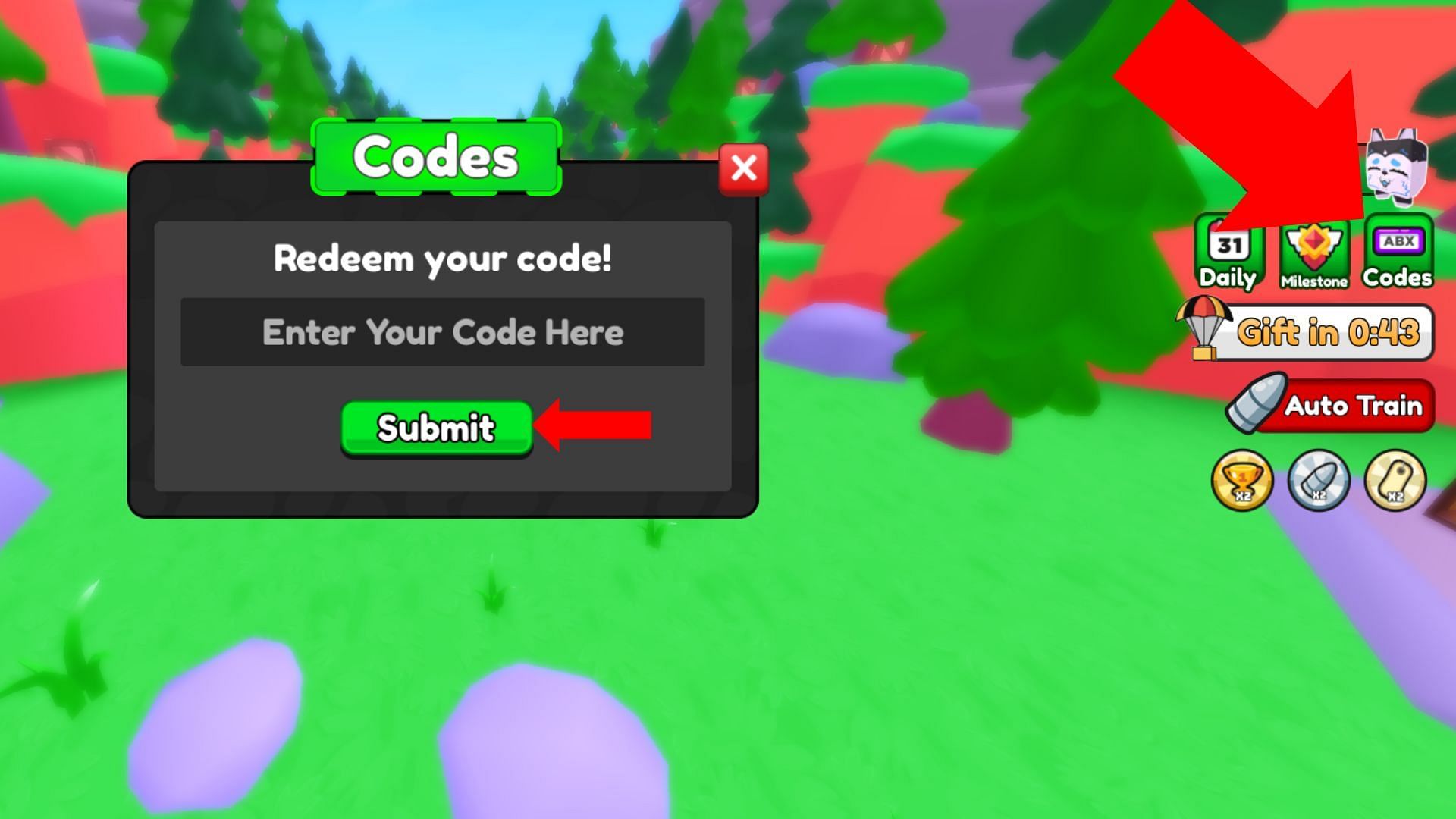 The Codes tab is indicated by an ABX icon (Image via Roblox)