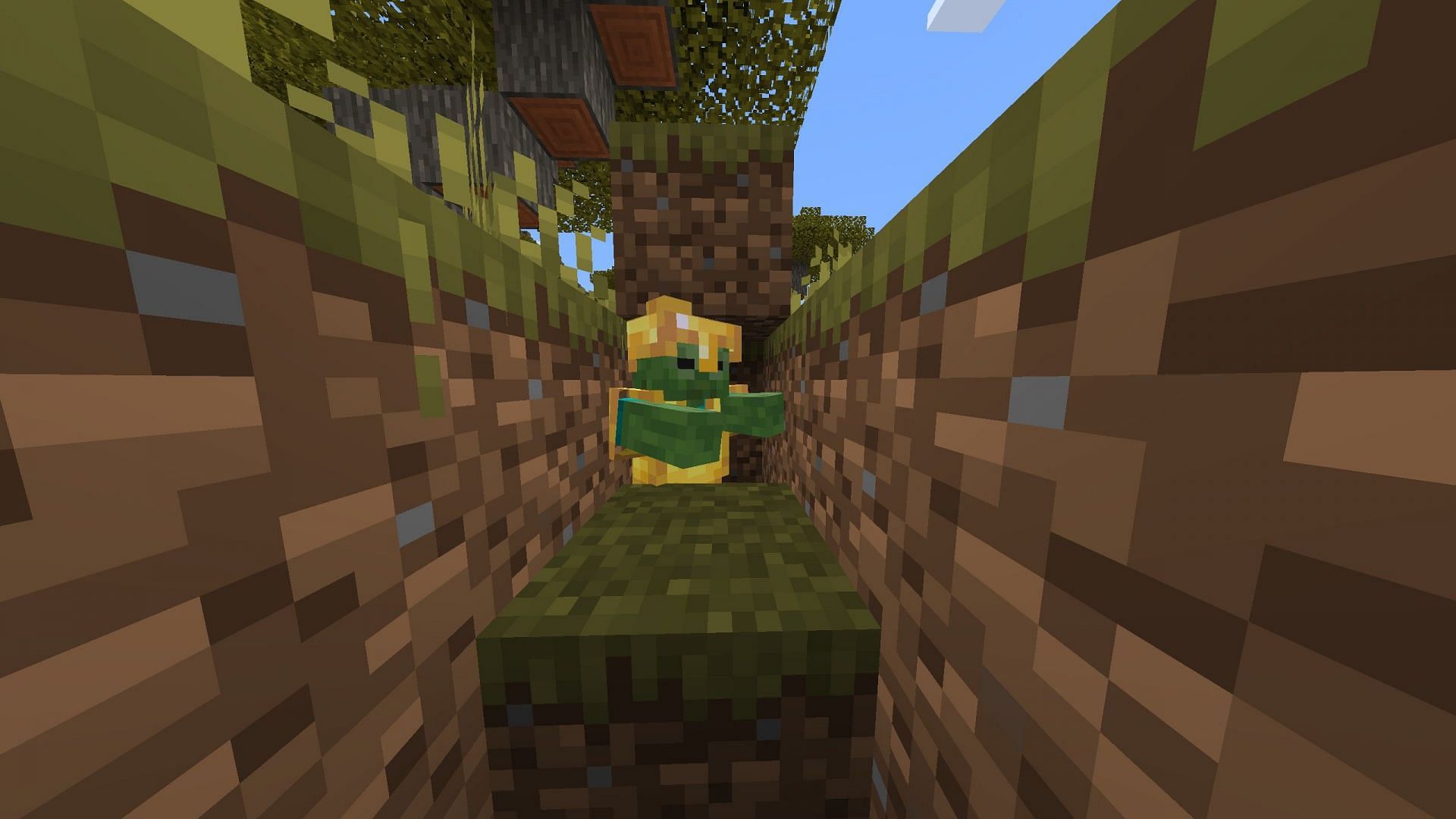 Trap the zombie in a two-block deep hole and fill it with water (Image via Sportskeeda Gaming || Mojang Studios)