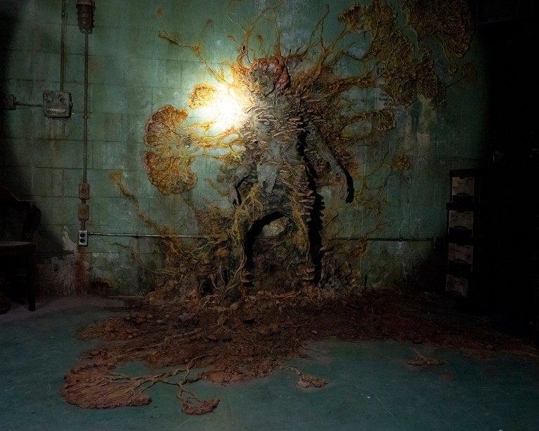 A scene from The Last of Us where a flash light illuminates a human figure engulfed by a fungal growth spreading across the concrete wall and floor.