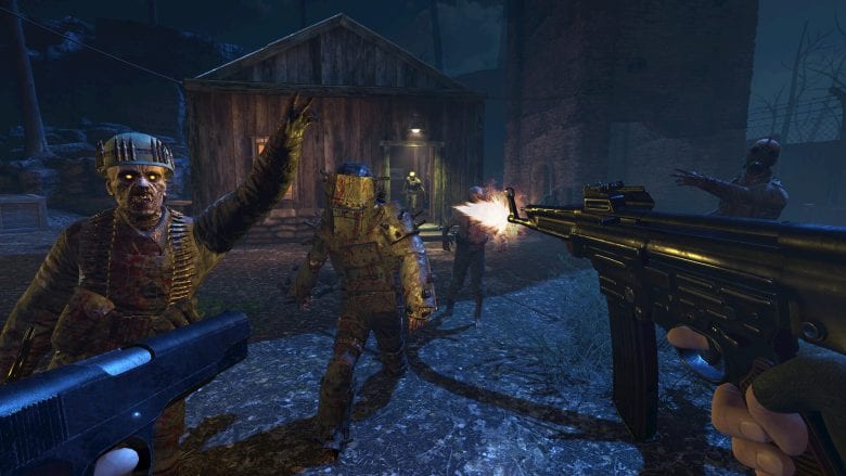 The player is fighting their way through zombies.