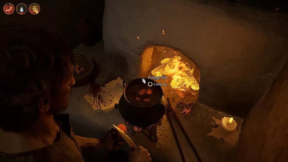 A player cooking food in a pot.