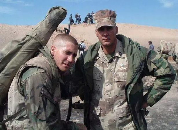 Jim and Jake Gyllenhaal on the set of Jarhead (2005)
