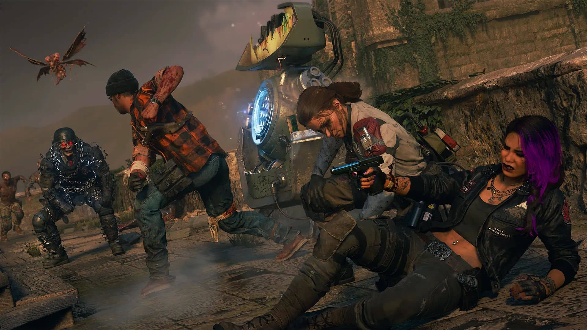 A group of armed characters of Call of Duty in tactical gear confronts a flying creature in a dystopian setting, showcasing action and tension.