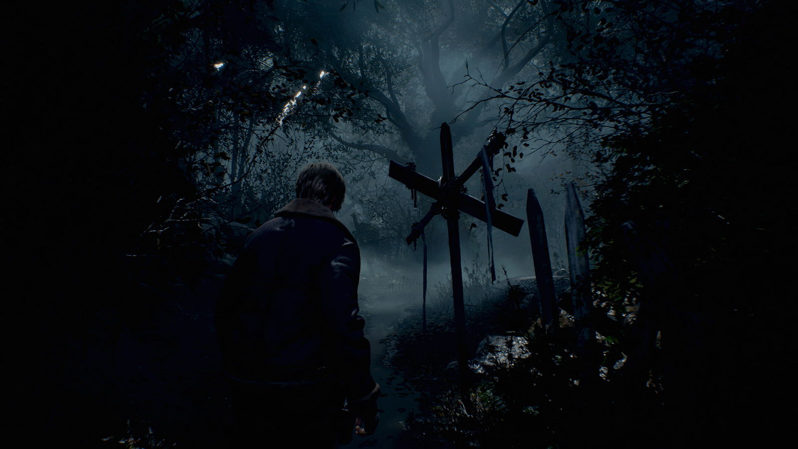A character in a dark forest in Resident Evil.