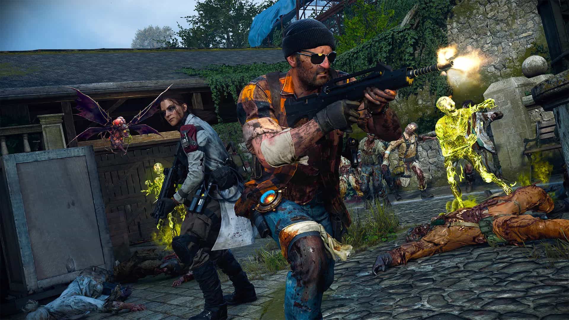 - Zombie Gaming A chaotic scene of armed characters of Call of Duty battling glowing zombies and a flying creature in a dense, overgrown urban environment.