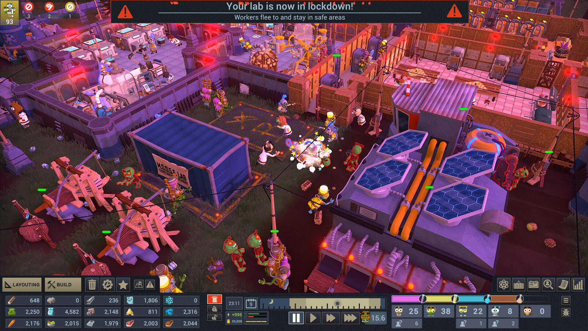 ZG NMRIH - Zombie Gaming Screenshot from Zombie Cure Lab. The lab is under attack from zombies at night. Workers flee to the safety of the lab as the zombies run freely outside. An alert text box at the top of the screen reads, “Your lab is now in lockdown!”
