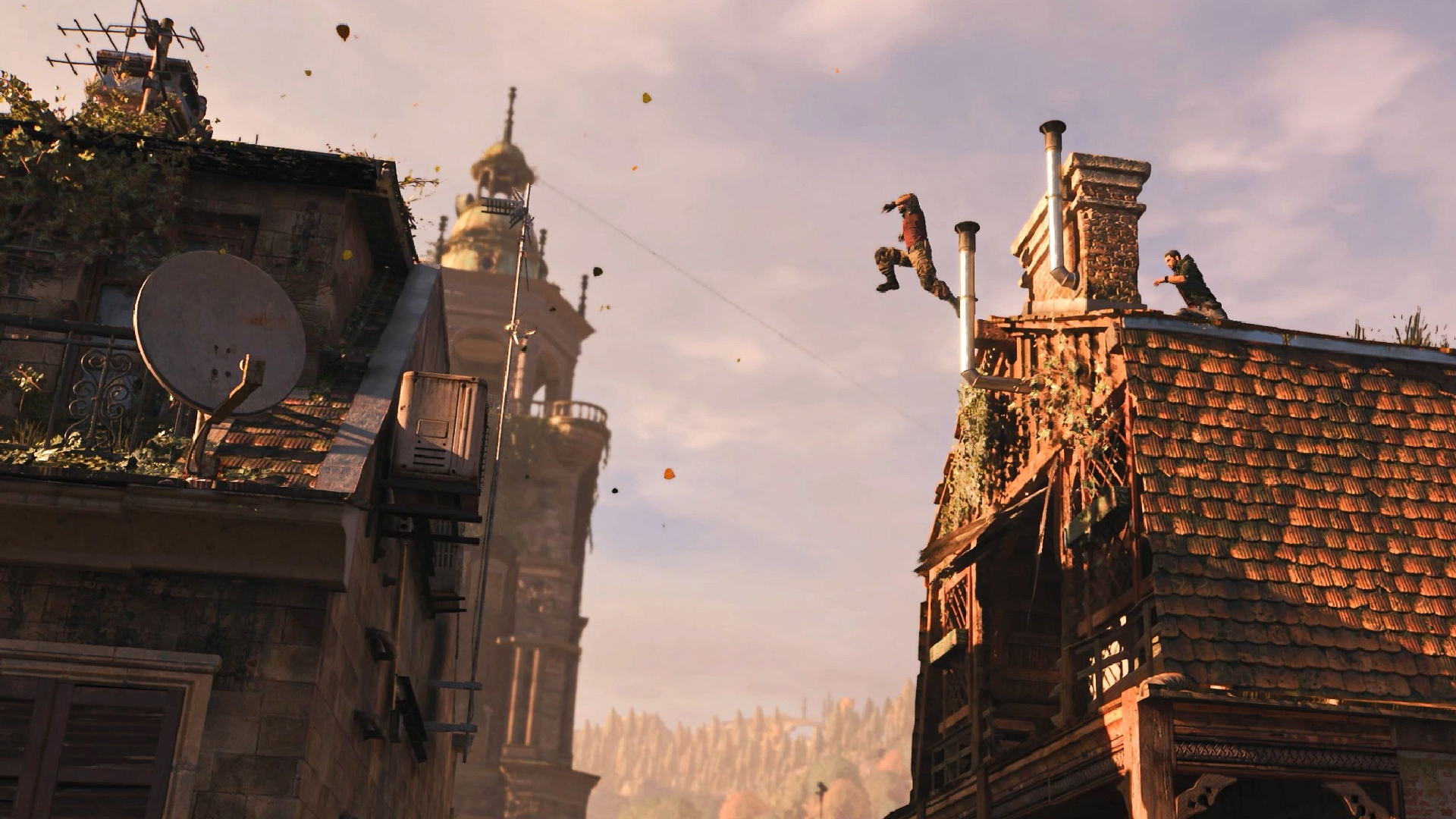 Dying Light The Beast: A man jumping across the void between two buildings