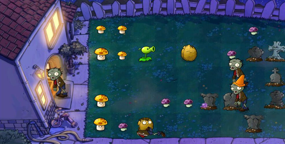 A night level in Plants vs. Zombies shows a zombie walking into the front door of a house. Other zombies attack other plants in the yard including Sun-shrooms.