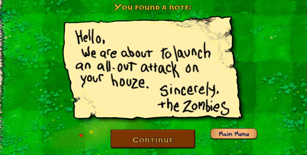 A poorly written note from the zombies demonstrates the silly humor in Plants vs. Zombies. 