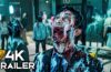 Zombie man with a blood-soaked face screaming in a crowded mall; foreground displays '4K TRAILER' text overlay.