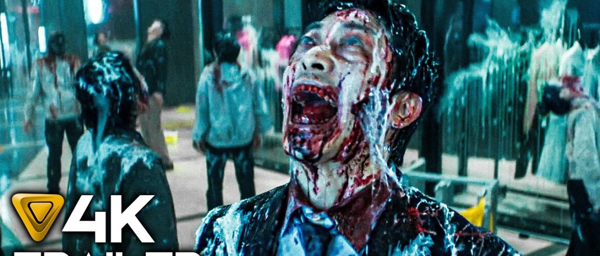 Zombie man with a blood-soaked face screaming in a crowded mall; foreground displays '4K TRAILER' text overlay.