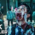 Zombie man with a blood-soaked face screaming in a crowded mall; foreground displays '4K TRAILER' text overlay.