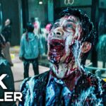 Zombie man with a blood-soaked face screaming in a crowded mall; foreground displays '4K TRAILER' text overlay.