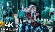 Zombie man with a blood-soaked face screaming in a crowded mall; foreground displays '4K TRAILER' text overlay.