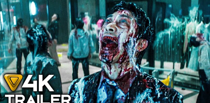 Zombie man with a blood-soaked face screaming in a crowded mall; foreground displays '4K TRAILER' text overlay.