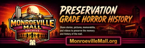 Banner for Monroeville Mall Archive: preservation horror history tagline with zombie silhouettes and neon logo, promoting MonroevilleMall.org.